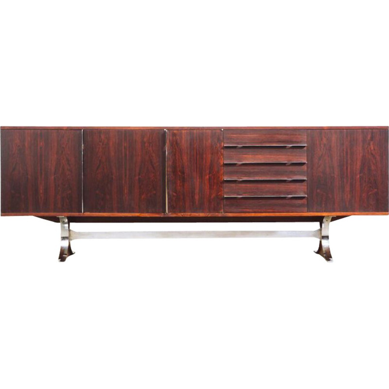 Vintage "Sylvie" sideboard in rosewood and stainless steel by René-Jean Caillette for Charron, 1960