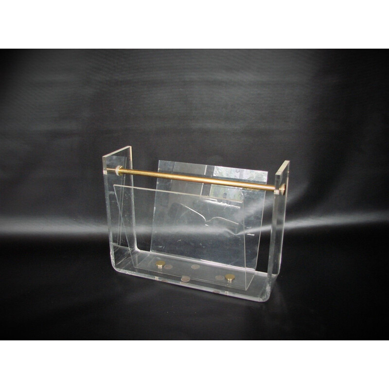 Vintage magazine rack in acrylic and brass by David Lange Roche Bobois, France 1970s