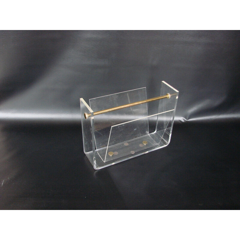 Vintage magazine rack in acrylic and brass by David Lange Roche Bobois, France 1970s