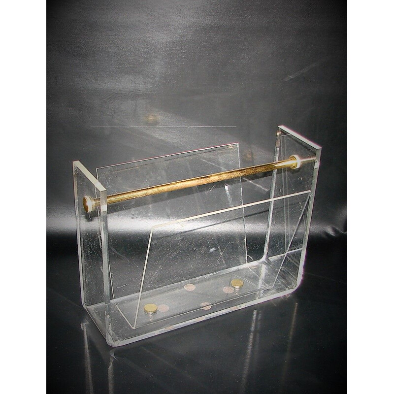 Vintage magazine rack in acrylic and brass by David Lange Roche Bobois, France 1970s