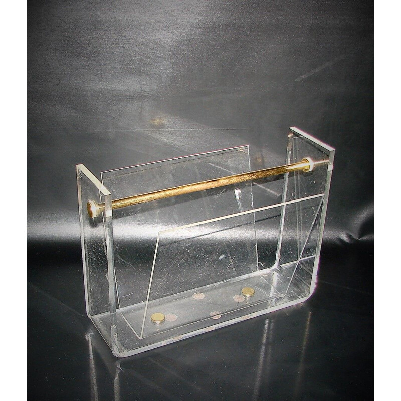 Vintage magazine rack in acrylic and brass by David Lange Roche Bobois, France 1970s