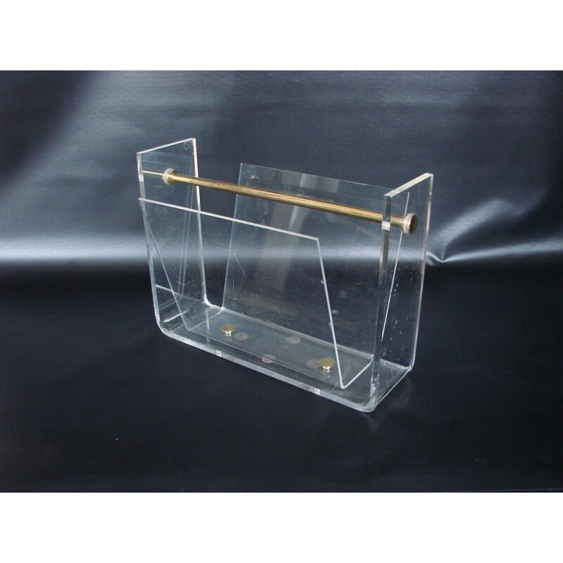 Vintage magazine rack in acrylic and brass by David Lange Roche Bobois, France 1970s