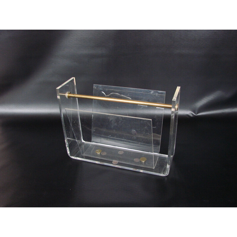 Vintage magazine rack in acrylic and brass by David Lange Roche Bobois, France 1970s