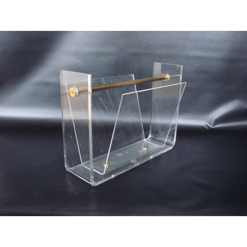 Vintage magazine rack in acrylic and brass by David Lange Roche Bobois, France 1970s