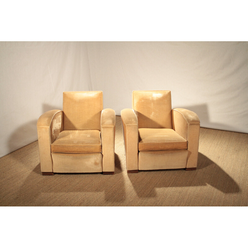 Pair of club armchairs in beige velvet, Jacques ADNET - 1940S