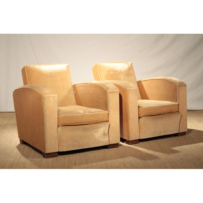 Pair of club armchairs in beige velvet, Jacques ADNET - 1940S