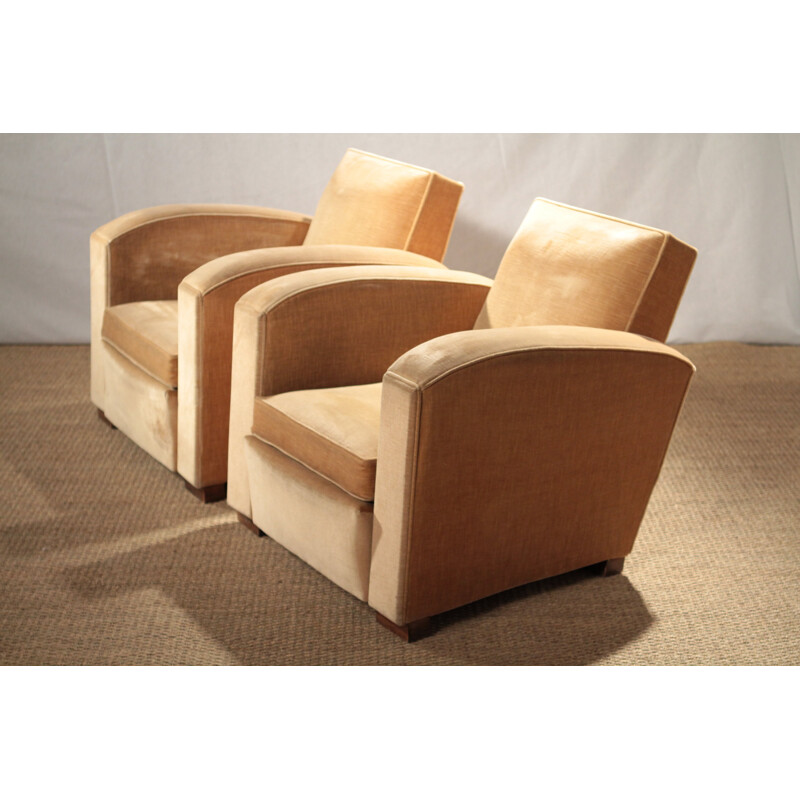 Paire fauteuils club en velours beige, Jacques ADNET - 1940