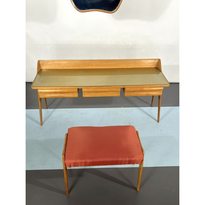 Mid-century wood dressing table with stool, Italy 1950