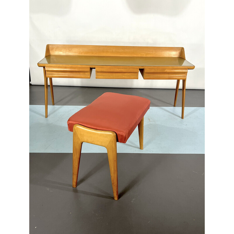 Mid-century wood dressing table with stool, Italy 1950