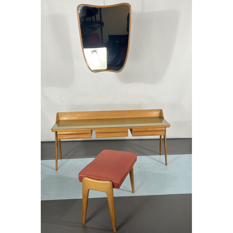 Mid-century wood dressing table with stool, Italy 1950