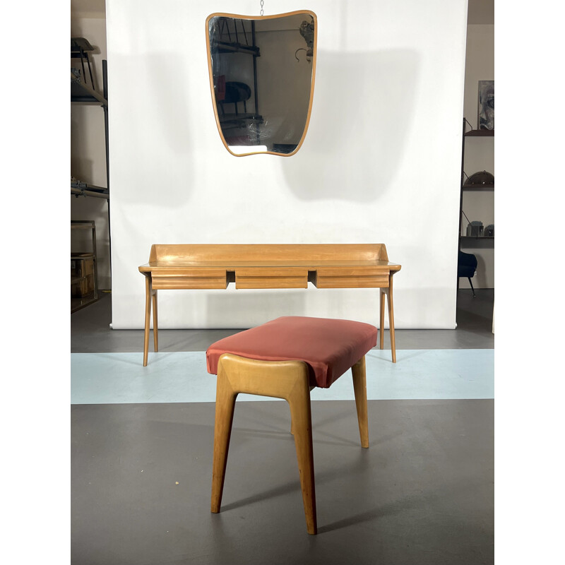 Mid-century wood dressing table with stool, Italy 1950