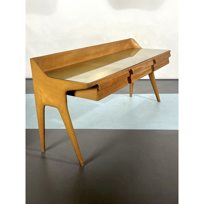 Mid-century wood dressing table with stool, Italy 1950