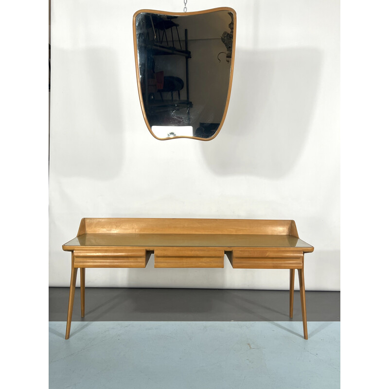 Mid-century wood dressing table with stool, Italy 1950