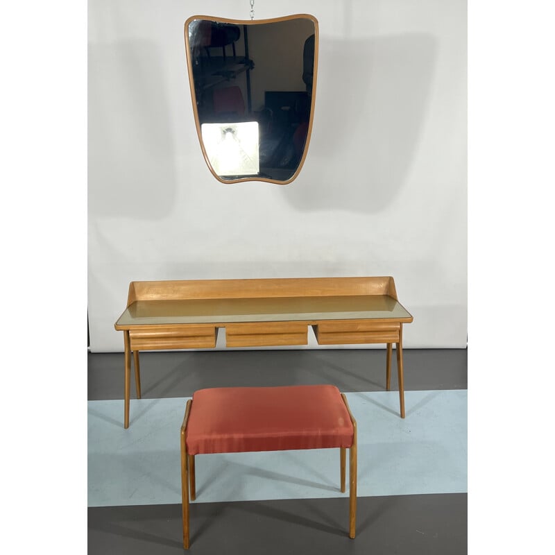 Mid-century wood dressing table with stool, Italy 1950