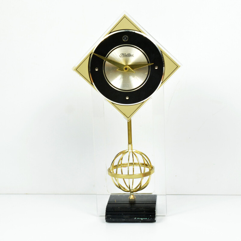 Vintage epoxy, brass, steel and plastic space age mantel clock by Haller, Germany 1960