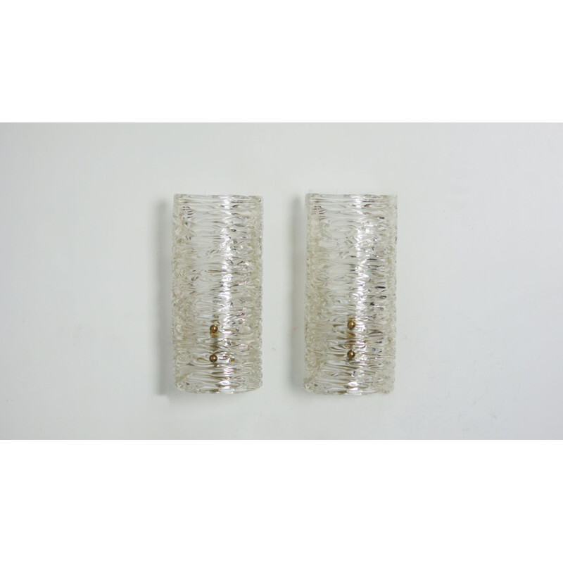 Pair of vintage textured glass and brass wall lamps by Kalmar, 1970s