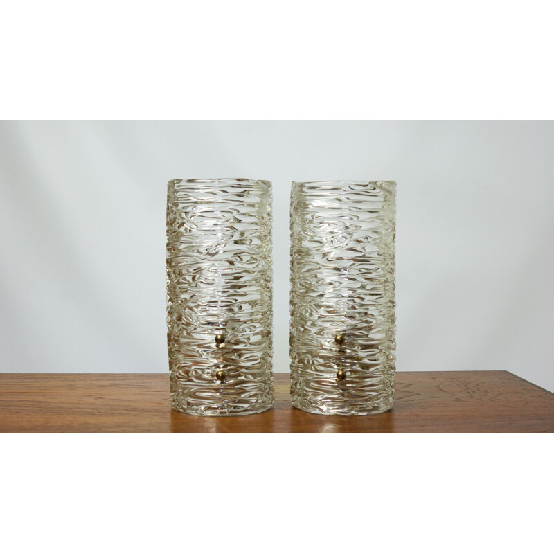 Pair of vintage textured glass and brass wall lamps by Kalmar, 1970s