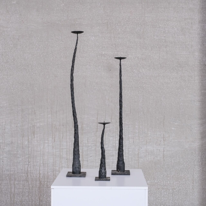 Set of 3 mid-century French brutalist iron candlesticks, 1970s