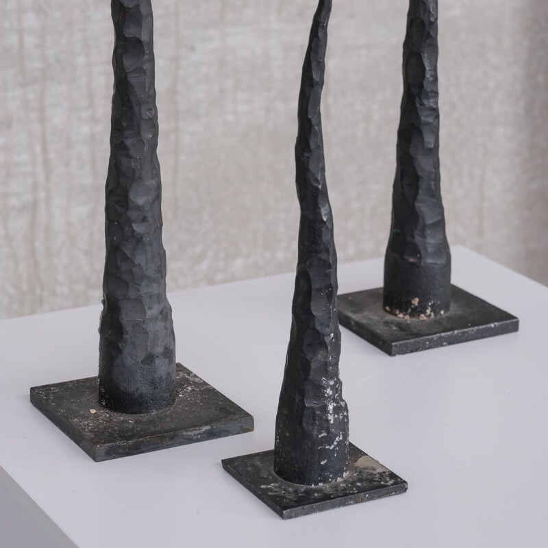 Set of 3 mid-century French brutalist iron candlesticks, 1970s