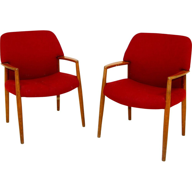 Pair of vintage oak and fabric armchairs by Aksel Bender Madsen and Ejner Larsen for Fritz Hansen, Sweden 1960