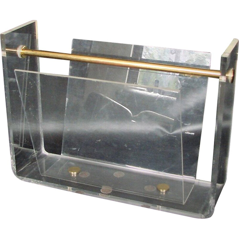 Vintage magazine rack in acrylic and brass by David Lange Roche Bobois, France 1970s