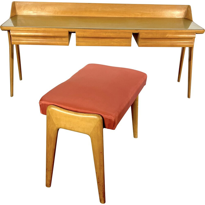 Mid-century wood dressing table with stool, Italy 1950