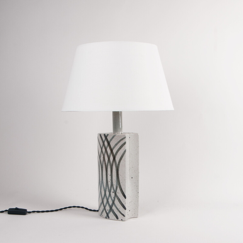 Vintage white table lamp with freehand black decorations by Per Linnemann-Schmidt, Denmark 1960