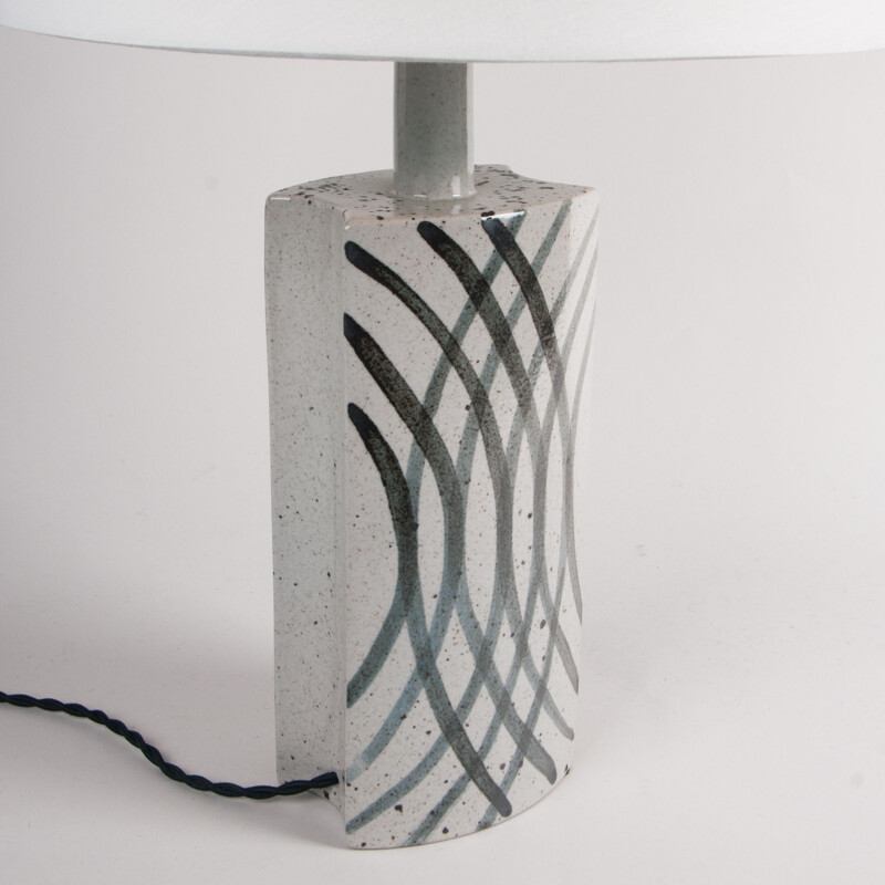 Vintage white table lamp with freehand black decorations by Per Linnemann-Schmidt, Denmark 1960