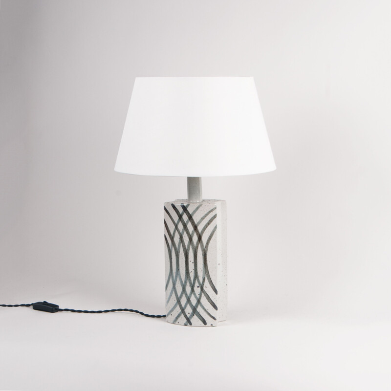 Vintage white table lamp with freehand black decorations by Per Linnemann-Schmidt, Denmark 1960