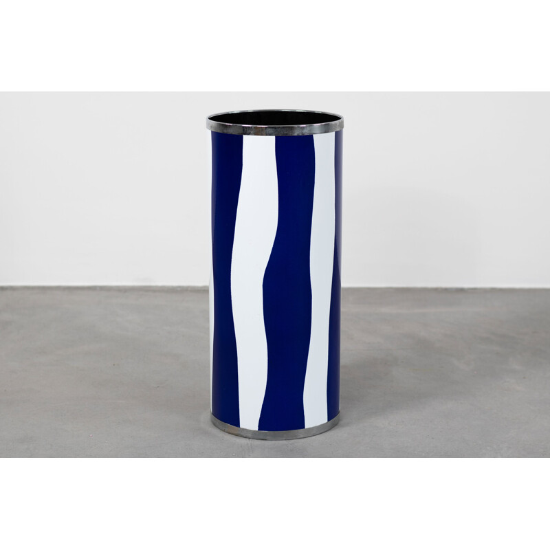 Vintage cylindrical umbrella stand in white and blue enameled iron by Siva Valdesa, 1960s