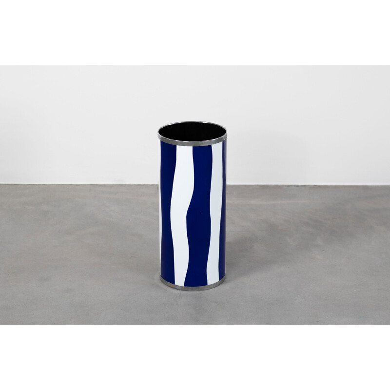 Vintage cylindrical umbrella stand in white and blue enameled iron by Siva Valdesa, 1960s