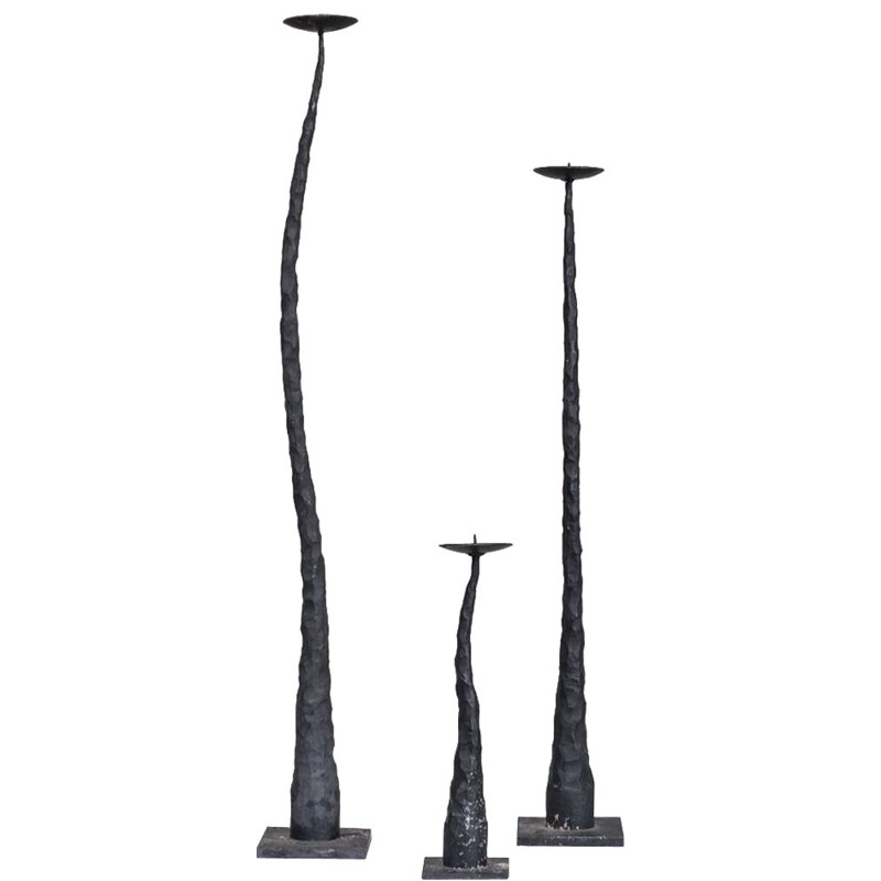 Set of 3 mid-century French brutalist iron candlesticks, 1970s