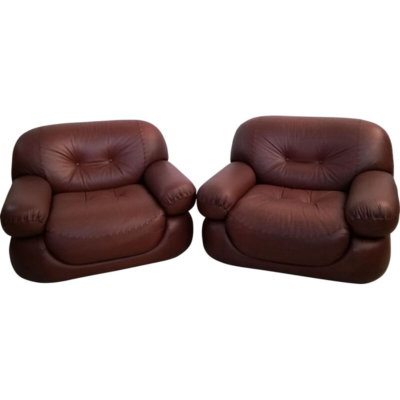 Pair of vintage leather armchairs by Sapporo for Mobil Girgi, 1970s