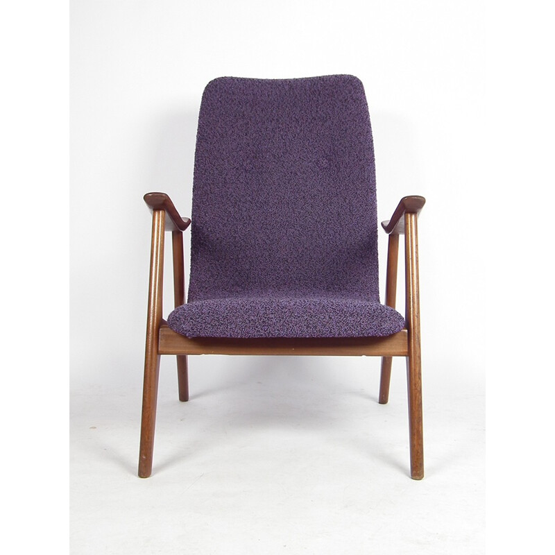 Dutch Wébé armchair in teak and purple fabric, Louis VAN TEEFFELEN - 1960s