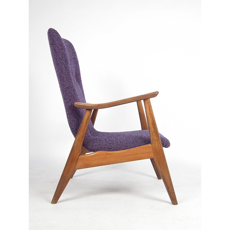 Dutch Wébé armchair in teak and purple fabric, Louis VAN TEEFFELEN - 1960s