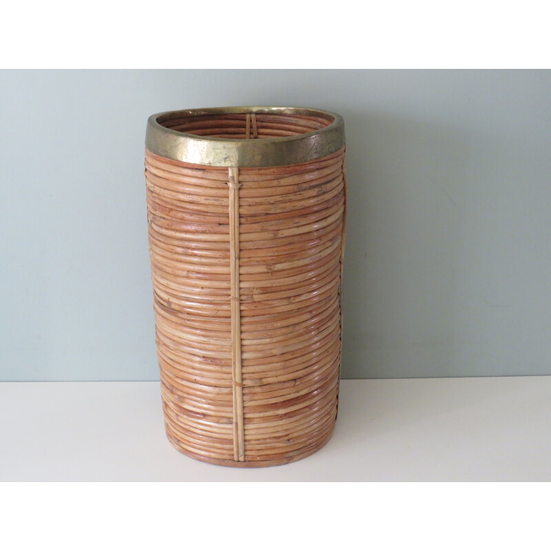 Vintage umbrella stand in rattan and brass, Italy 1970