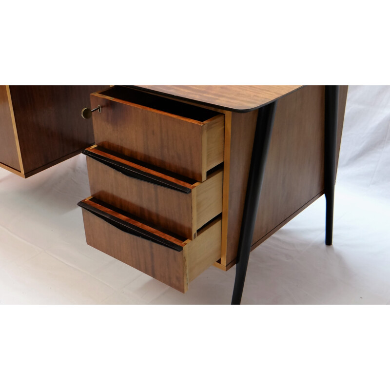 Belgian Belform desk in bubinga wood and brass, Alfred HENDRICKX - 1950s 