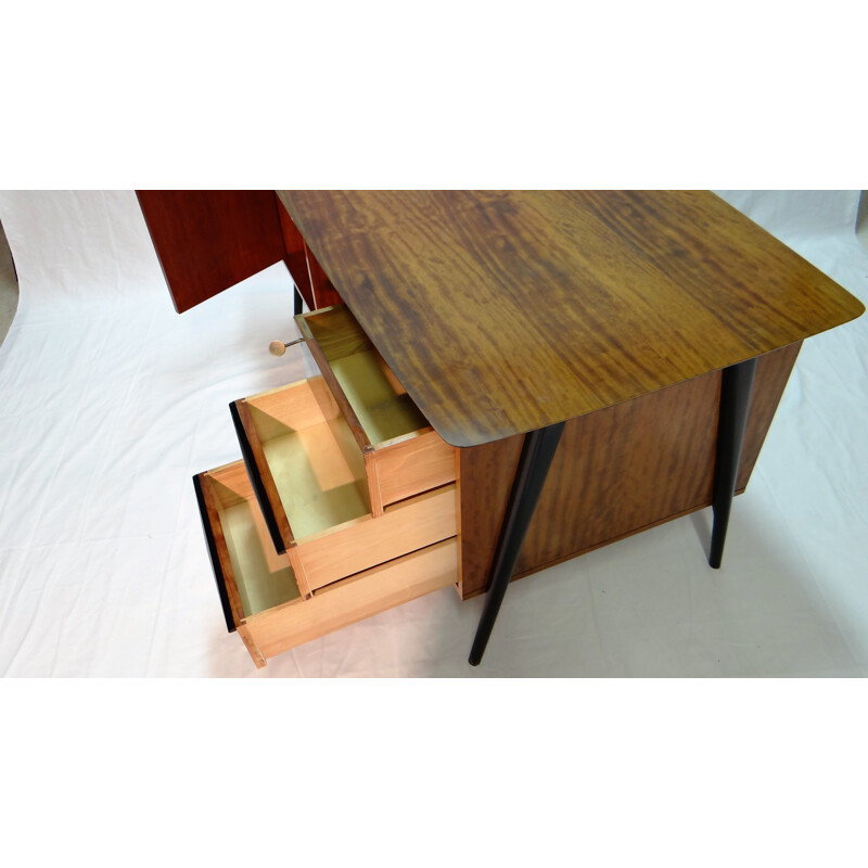 Belgian Belform desk in bubinga wood and brass, Alfred HENDRICKX - 1950s 