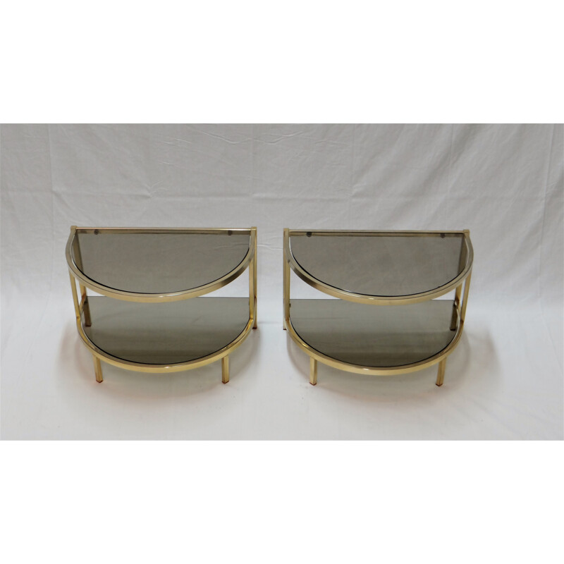 Pair of side tables in smoked glass and brass - 1970s