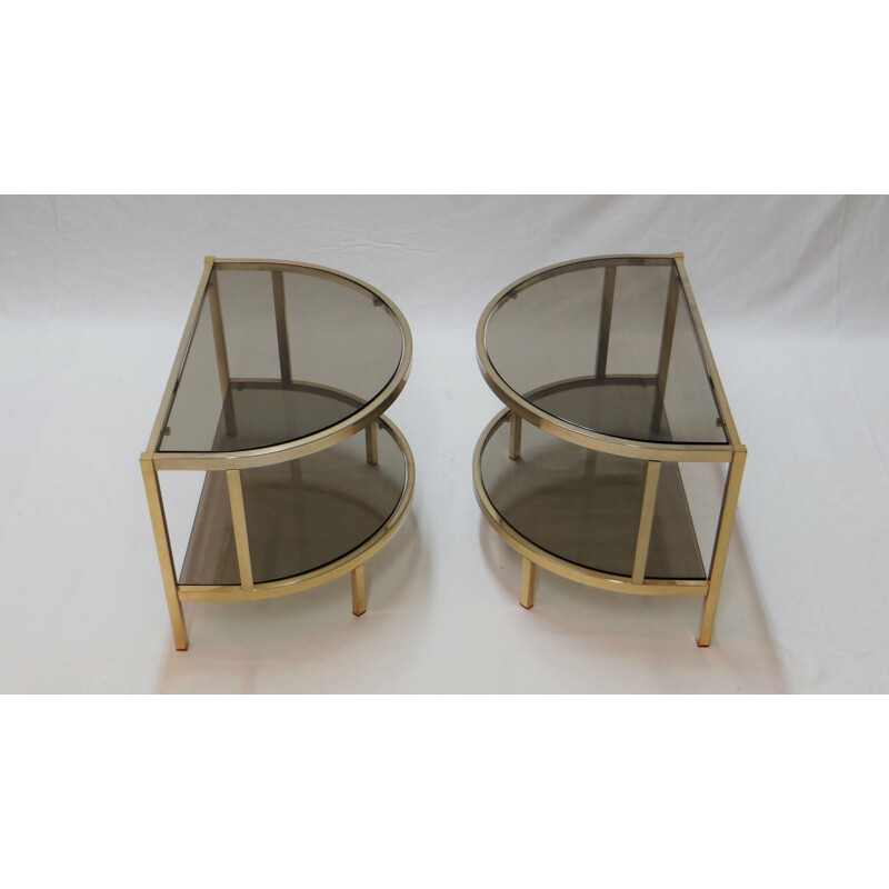 Pair of side tables in smoked glass and brass - 1970s