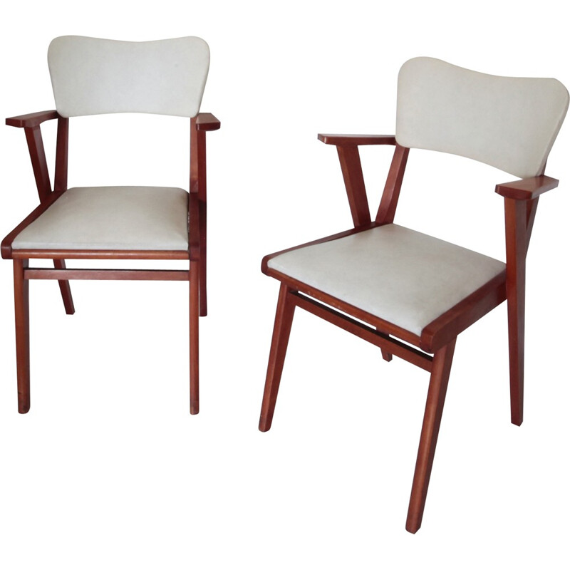 Pair of mid century amrchairs in wood and leatherette - 1950s