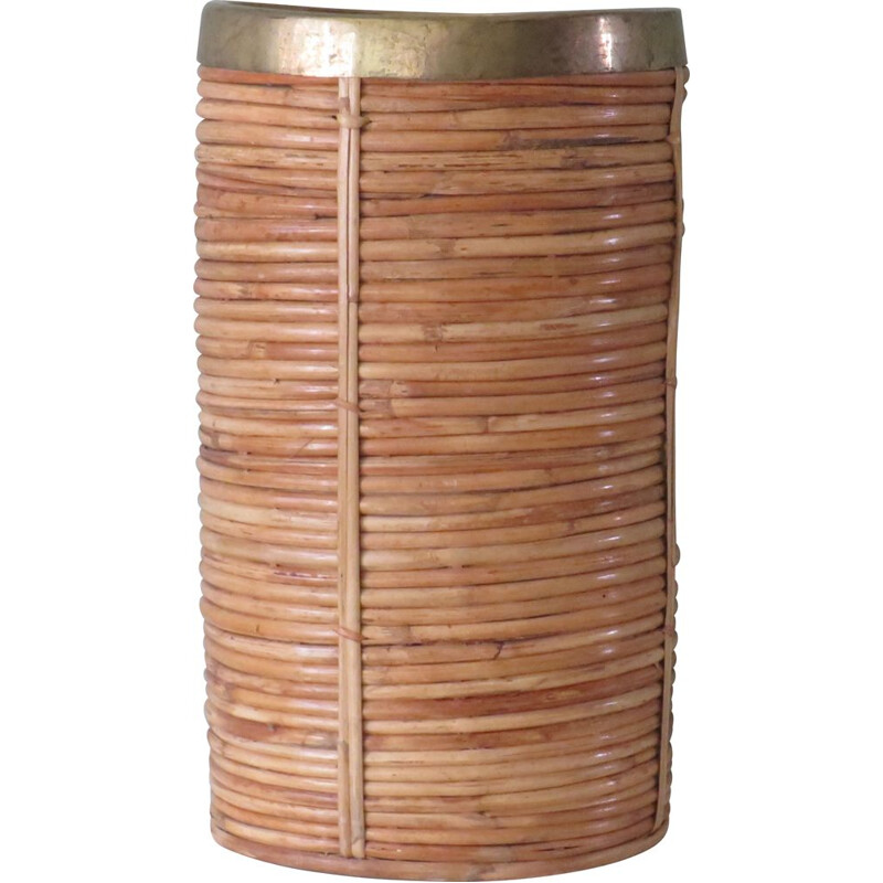 Vintage umbrella stand in rattan and brass, Italy 1970