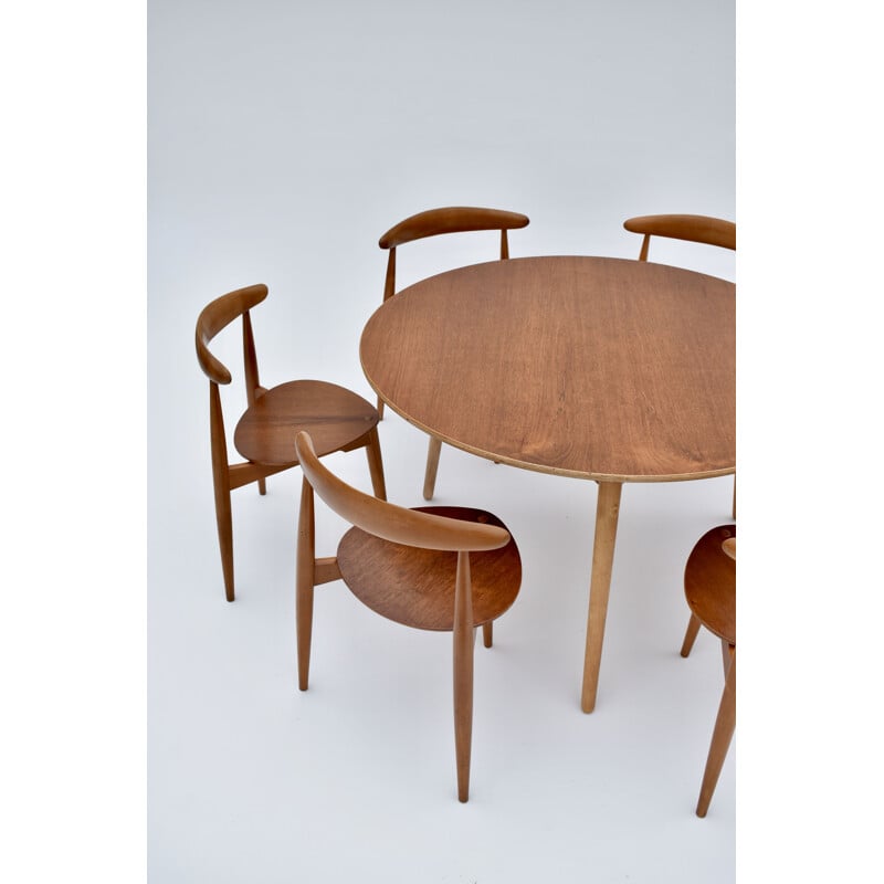 Juego de comedor vintage de teca de Hans Wegner Heart para Fritz Hansen, 1950