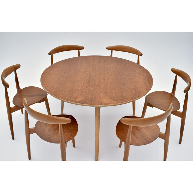 Juego de comedor vintage de teca de Hans Wegner Heart para Fritz Hansen, 1950