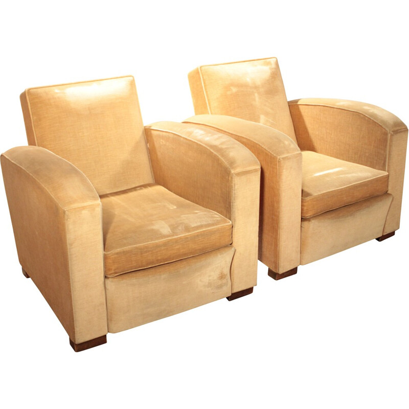 Pair of club armchairs in beige velvet, Jacques ADNET - 1940S