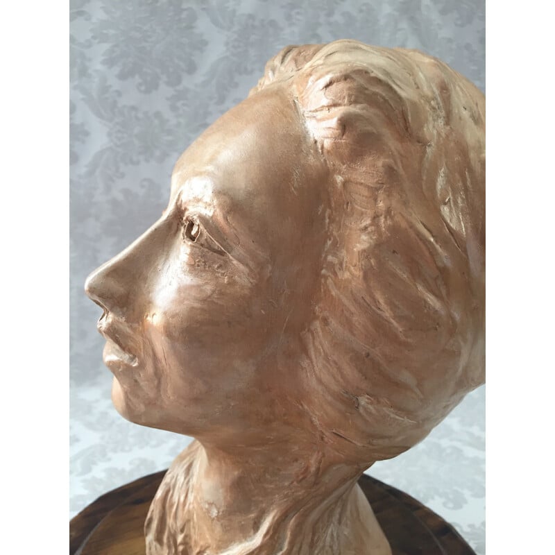 Sculpture vintage en terre crue "Buste visage de femme", 1950