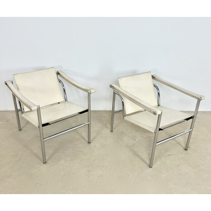 Pair of vintage Lc1 metal armchairs by Le Corbusier for Cassina, 1970s