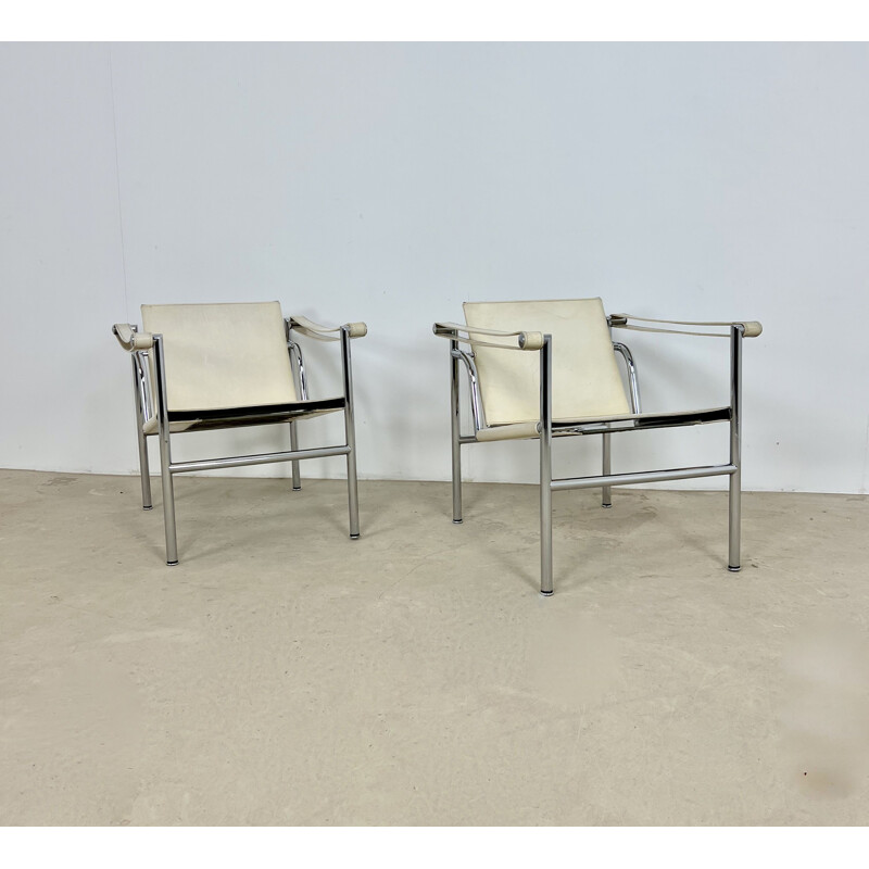 Pair of vintage Lc1 metal armchairs by Le Corbusier for Cassina, 1970s