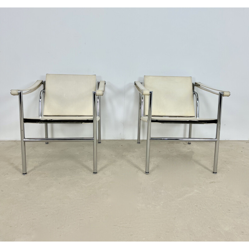 Pair of vintage Lc1 metal armchairs by Le Corbusier for Cassina, 1970s