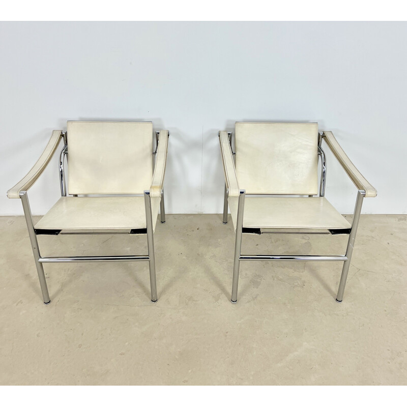 Pair of vintage Lc1 metal armchairs by Le Corbusier for Cassina, 1970s